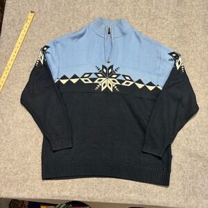Taiga Mens XL Quarter Zip Sweater Nordic Snowflake Knit Blue Black Pullover